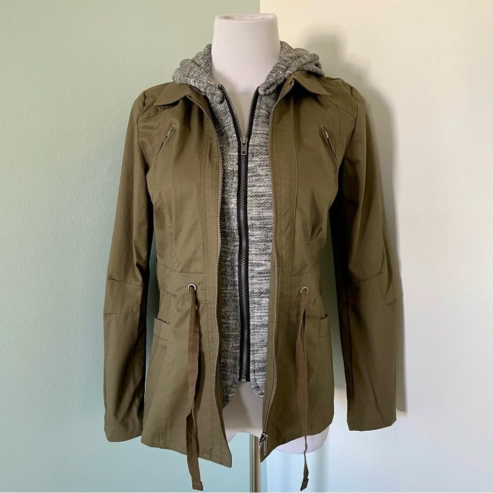 Love Tree Women’s Hooded Double Zip Army Green Utility Jacket Size Small - Picture 3 of 13